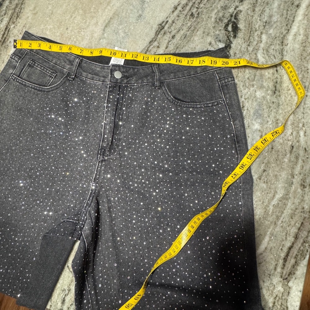 ANEWSTA Jeans Womens 1XL Rhinestone Denim Statemnt Black Wide Leg Festival Curve - Picture 4 of 12